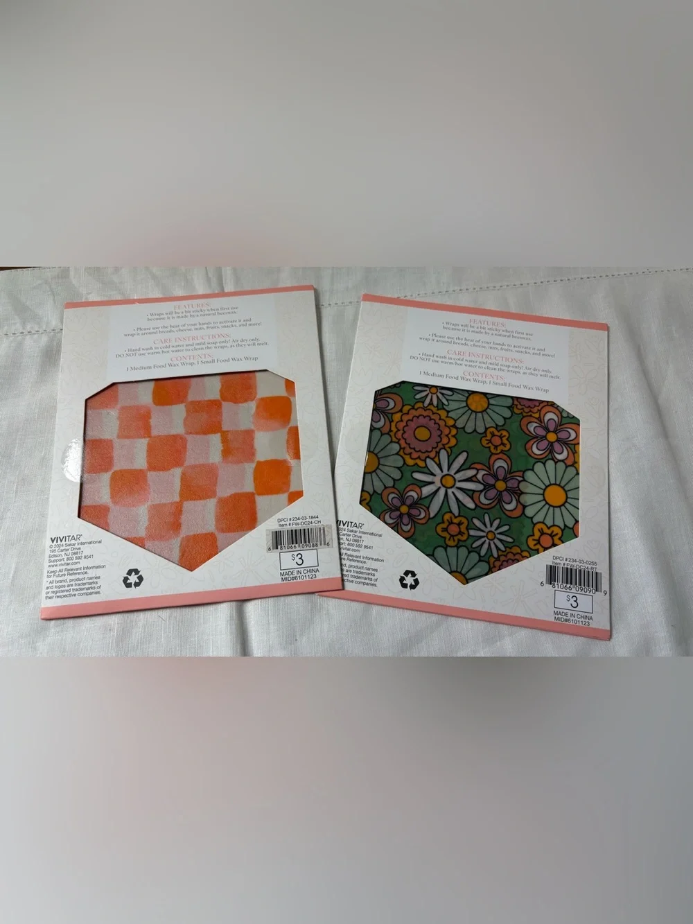 Natural Reusable Food Wraps - Orange Checker & Floral Patterns 2-Med & 2-Small